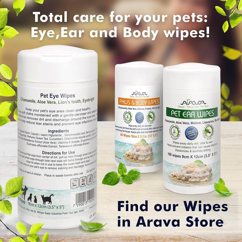 Arava Natural Pet Eye Wipes for Dogs Cats Puppies & Kittens - 100 Count - Cat Dog Eye Wipes for Discharge and Crust - Removes Dirt, Prevents Tear Stains