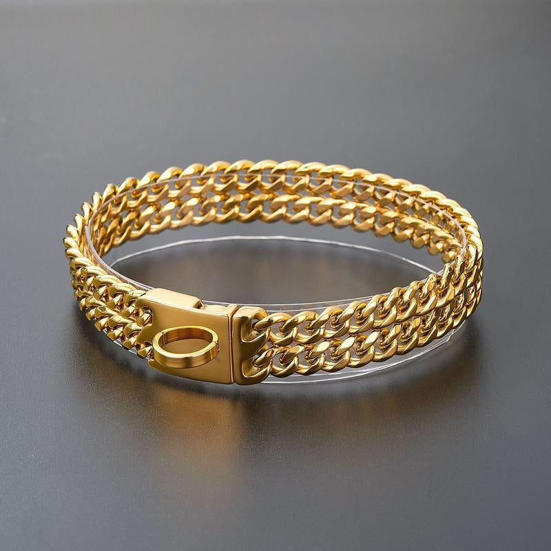 Double Row Six-Sided Polished Gold Dog Chain Stainless Steel Metal Chain Pet Dog Collar