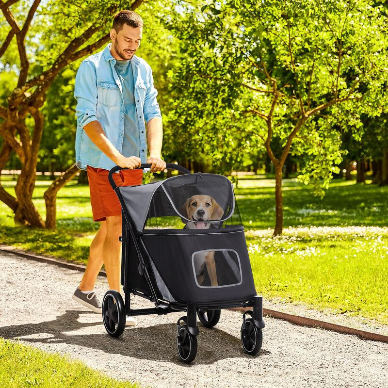 Halo Mall One-Click Foldable Doggy Stroller for Medium Large Dogs, Pet Stroller with Storage, Smooth Ride with Shock Absorption, Mesh Window, Safety Leash, Big Dog Walking Stroller, Gray
