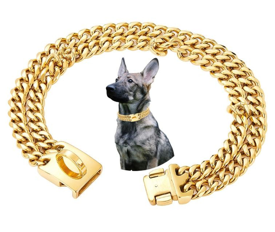 Double Row Six-Sided Polished Gold Dog Chain Stainless Steel Metal Chain Pet Dog Collar