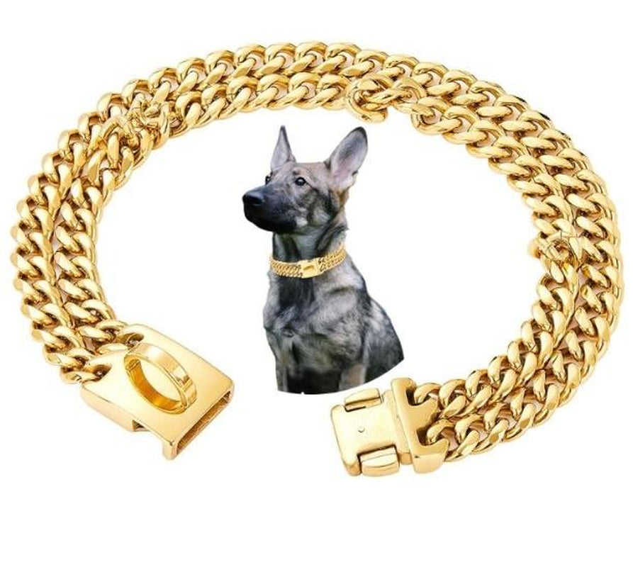 Double Row Six-Sided Polished Gold Dog Chain Stainless Steel Metal Chain Pet Dog Collar