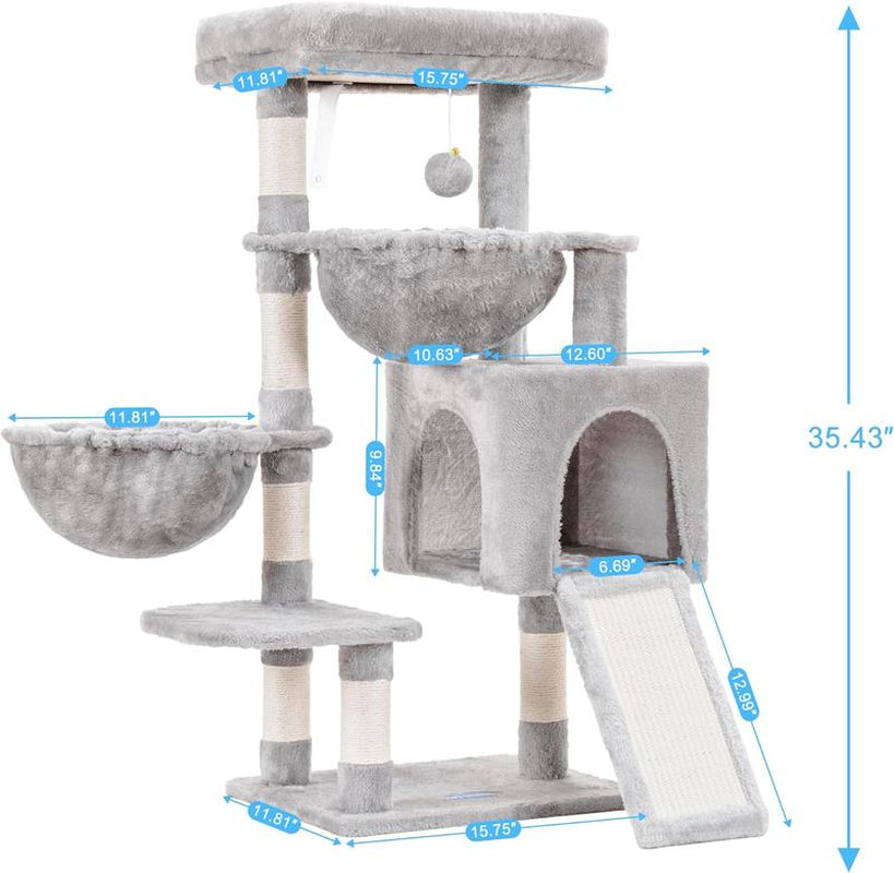 Cat Tree, Cat Tower for Indoor Cats, Cat House with Large Padded Bed, Cozy Condo, Hammocks, Sisal Scratching Posts, Big Scratcher